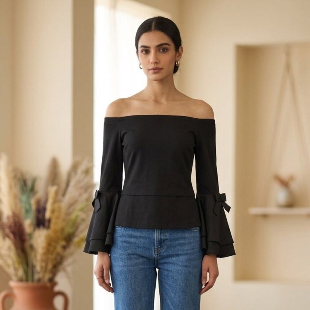 Classic Peplum Top Womens M Black Off Shoulder Dramatic Layered Bell Sleeve